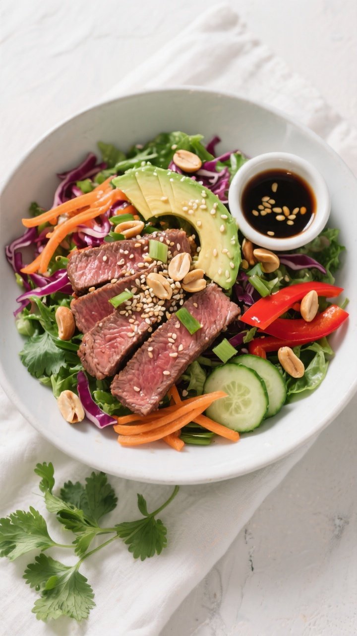 Final dish, tasty top view: Overhead shot of Million Dollar Asian Sesame Steak Salad beautifully arr