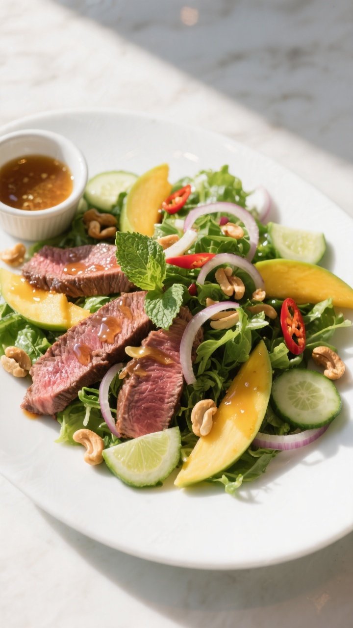 Final dish, tasty top view: Overhead shot of the Million Dollar Steak & Mango Salad—thin slices of
