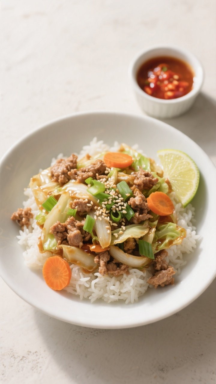 Final dish, top view: Overhead shot of Ground Turkey Cabbage Stir Fry served in a wide, shallow whit