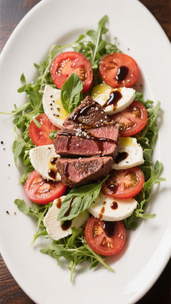 Final dish top view: Overhead shot of the “Million Dollar Steak Caprese Salad” on a wide white p