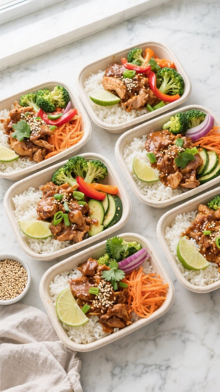 Final meal prep overhead: Tidy top-down shot of 6 open meal prep containers arranged grid-style, eac