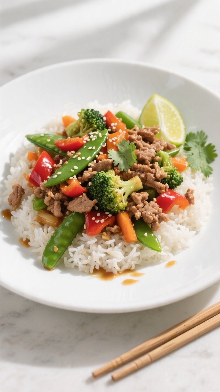 Final plated overhead: Beautifully plated Healthy Ground Turkey Stir Fry over fluffy jasmine rice in