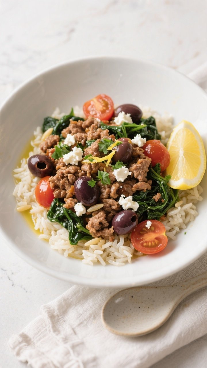 Final plated, overhead bowl: Mediterranean Ground Turkey Skillet served in a wide, shallow white bow