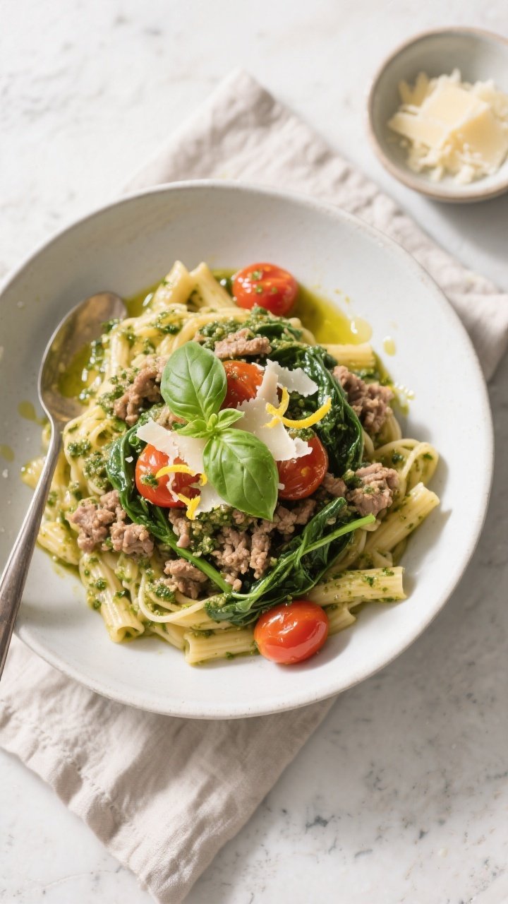 Final plated overhead: Ground Turkey Pesto Skillet spooned over al dente pasta in a wide, matte-whit