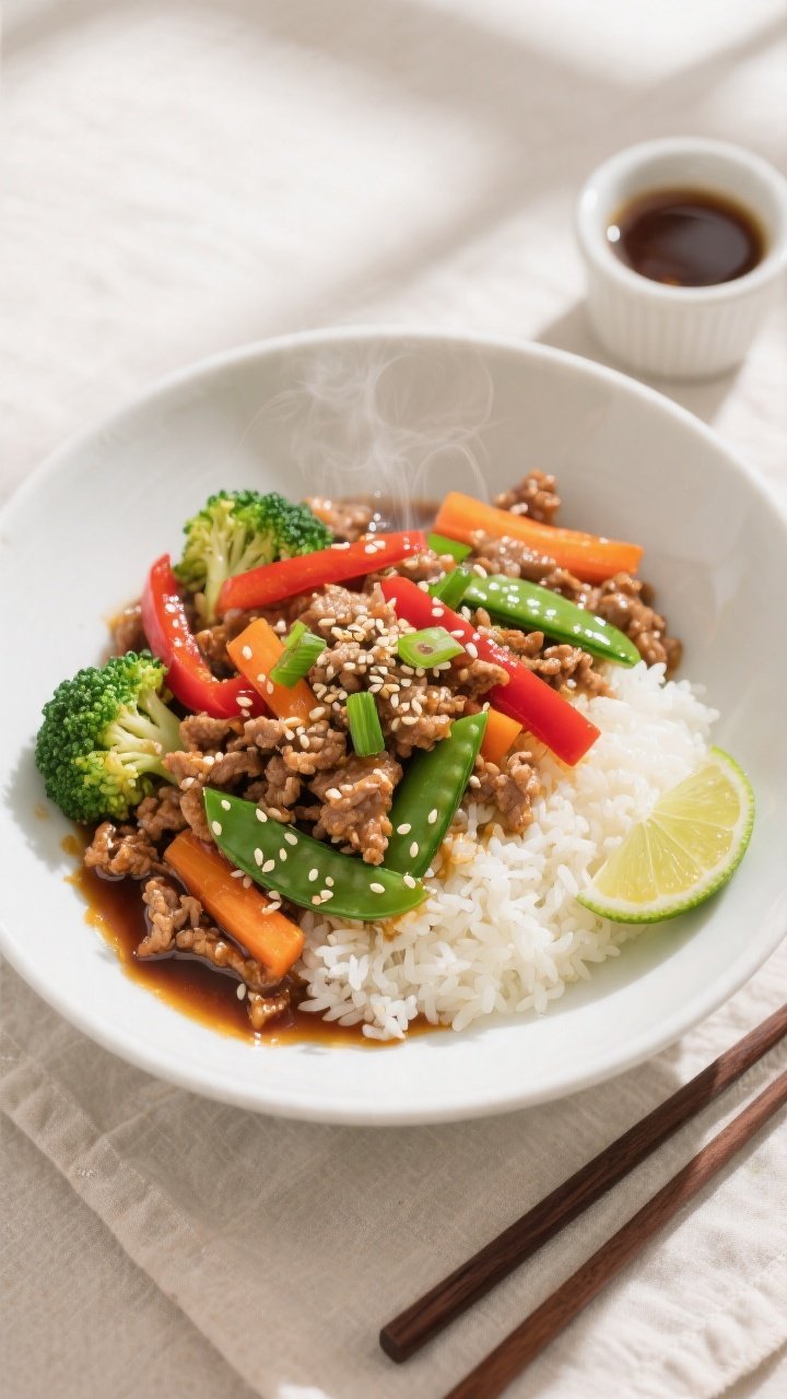 Final plated overhead: Ground Turkey Teriyaki Bowl assembled over fluffy jasmine rice in a matte whi