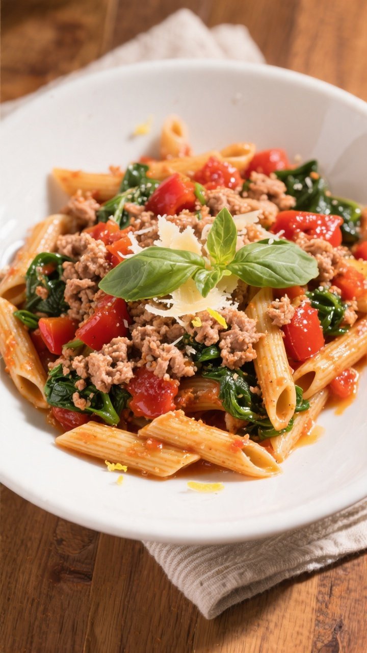 Final plated overhead: Healthy Ground Turkey Pasta tossed to a glossy finish, served in a wide, matt