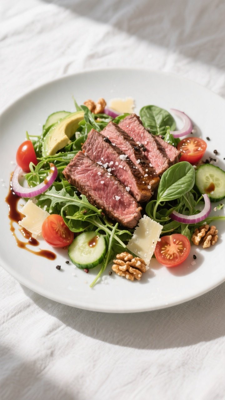 Final plated overhead: Million Dollar Balsamic Steak Salad arranged on a wide, matte white plate—t