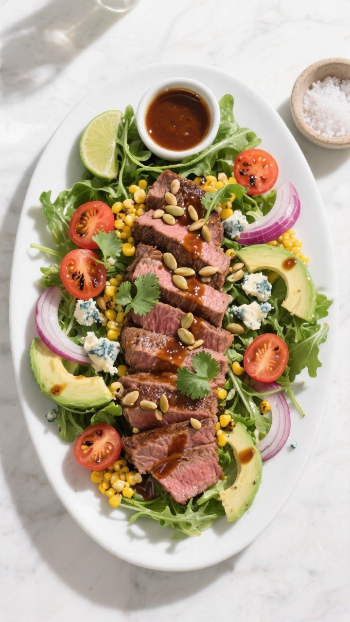 Final plated overhead: Million Dollar BBQ Steak Salad arranged on a wide white platter—mixed green