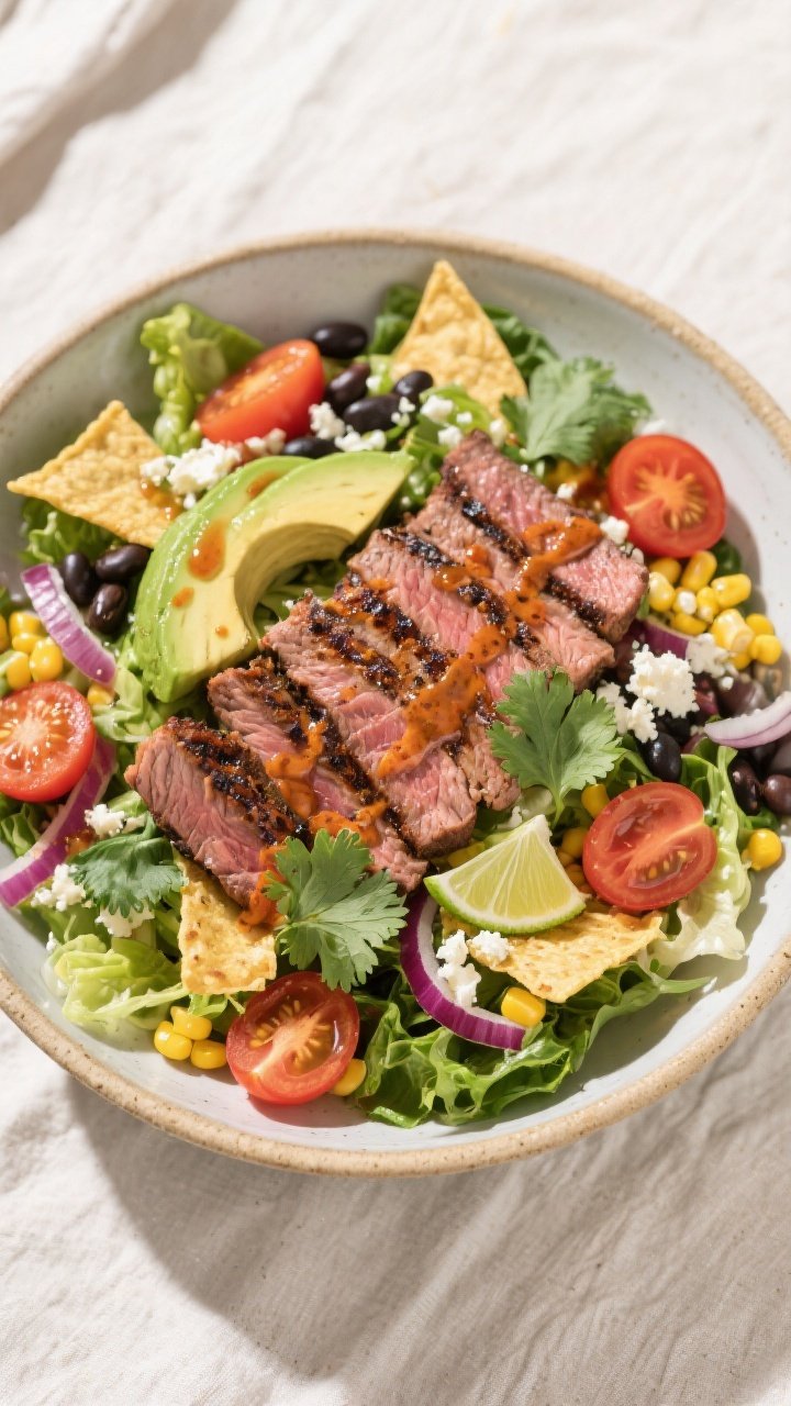 Final plated overhead: Million Dollar Chipotle Lime Steak Salad in a wide, shallow ceramic bowl; sho