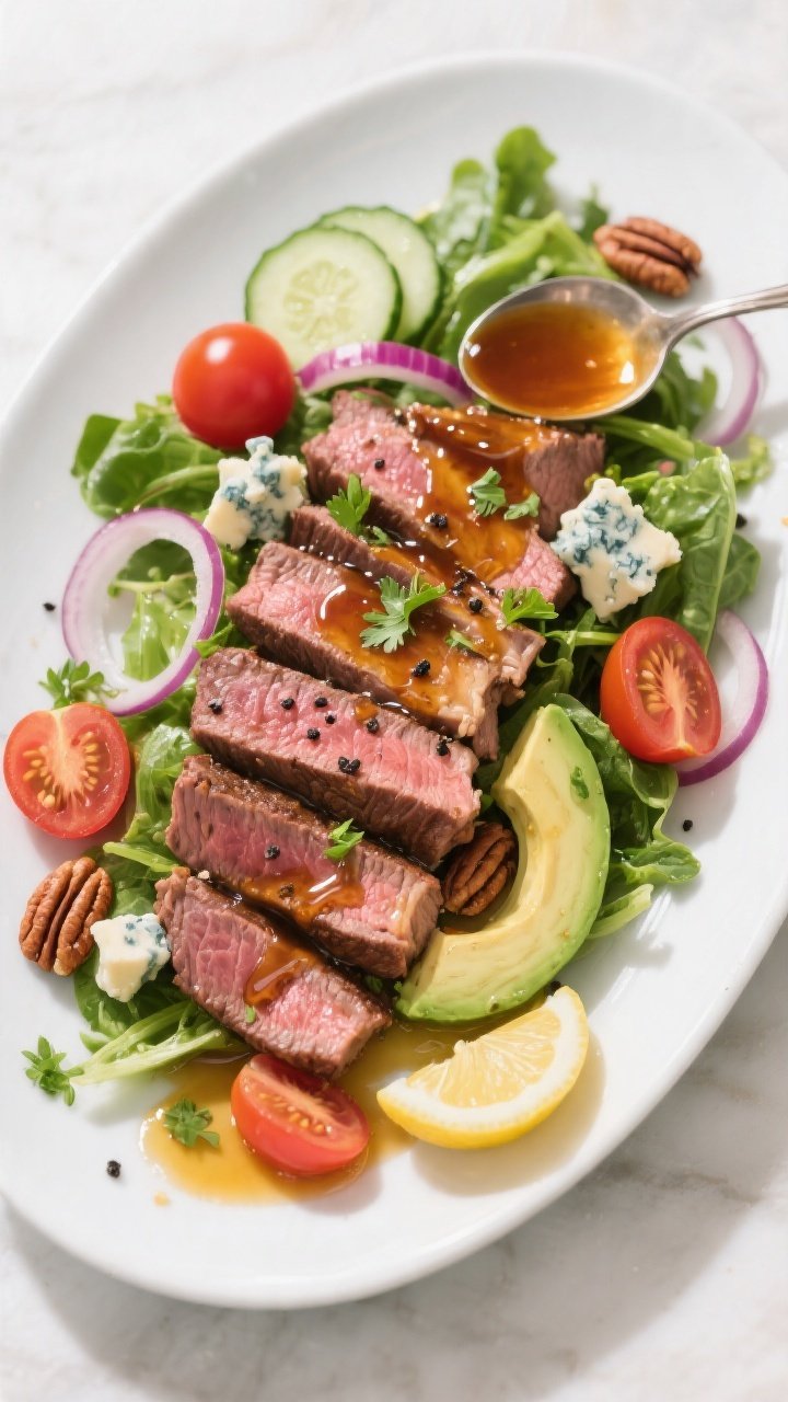Final plated overhead: Million Dollar Honey Glazed Steak Salad arranged on a wide white ceramic plat