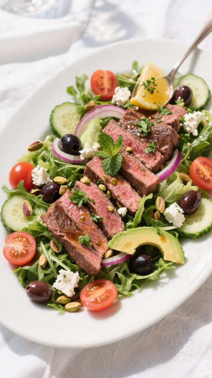 Final plated overhead: Million Dollar Mediterranean Steak Salad arranged on a wide white platter—d