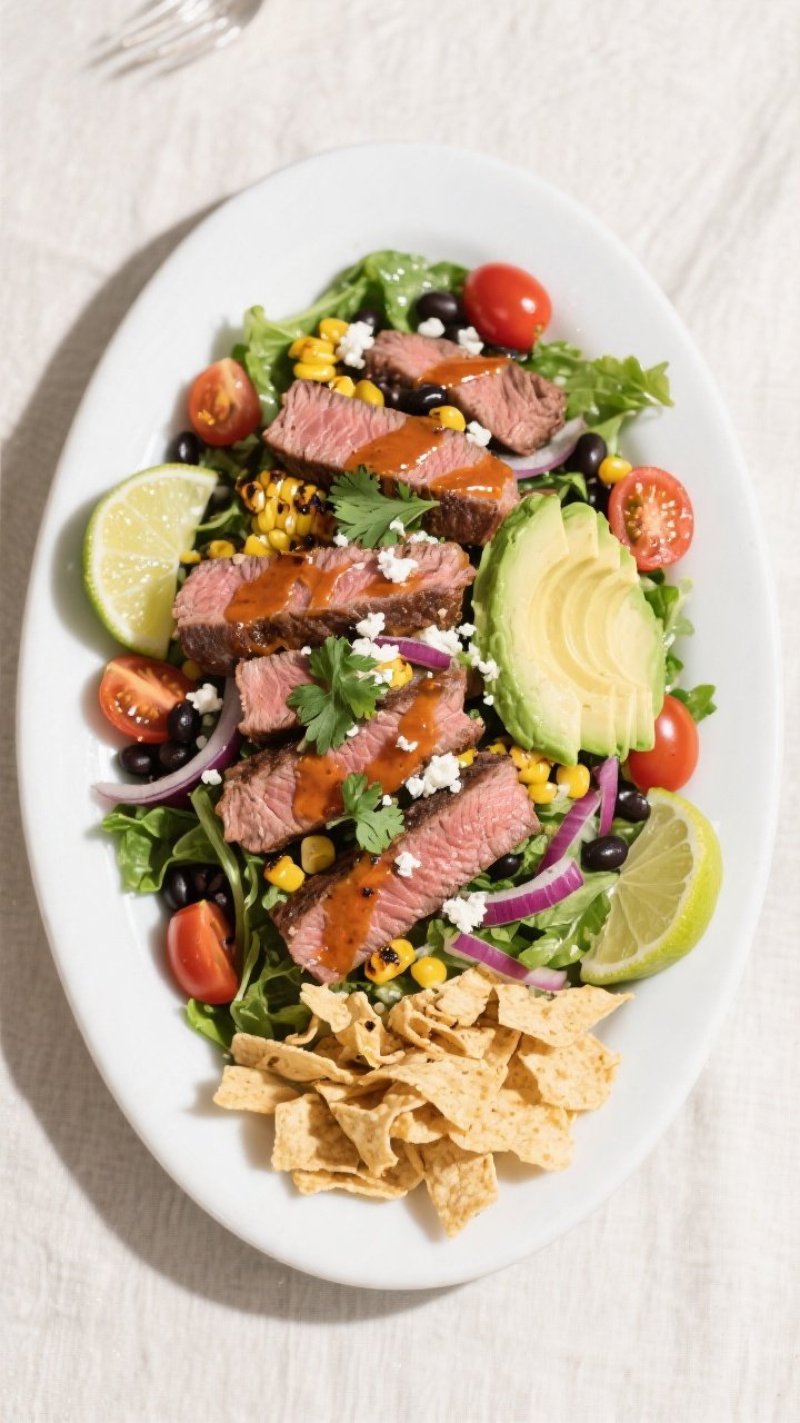 Final plated overhead: Million Dollar Southwest Steak Salad arranged on a wide, white platter—mixe