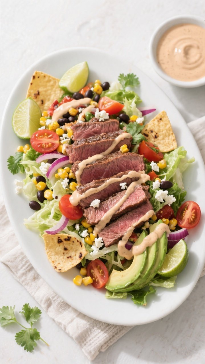 Final plated overhead: Million Dollar Steak Taco Salad arranged on a wide, matte white platter—jui