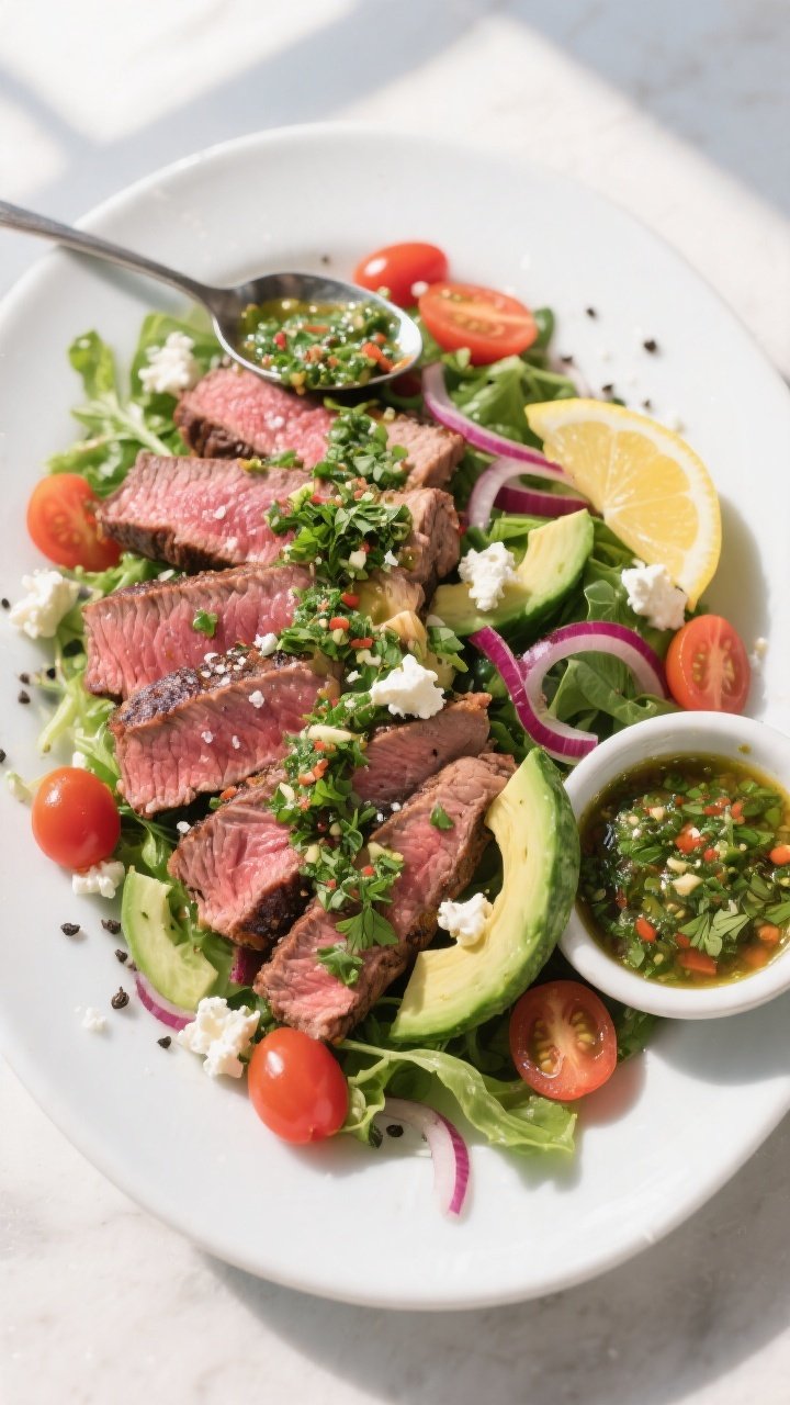 Final plated overhead: Overhead shot of Million Dollar Chimichurri Steak Salad—thin slices of medi