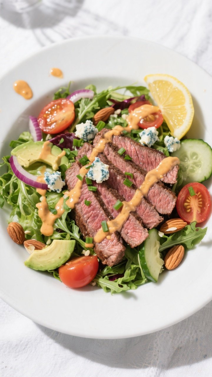 Final plated overhead salad: Million Dollar Buffalo Steak Salad arranged in a wide white shallow bow