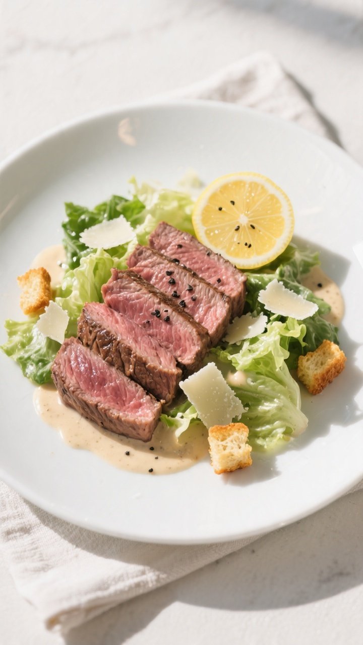 Final plated overhead: Steak & Creamy Caesar Salad, sliced medium-rare ribeye fanned alongside a lig