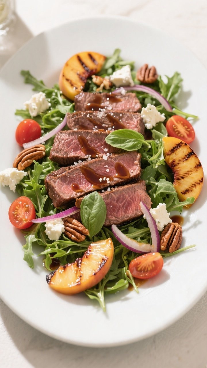 Final plated overhead: Steak & Grilled Peach Salad arranged on a wide matte white platter—peppery 