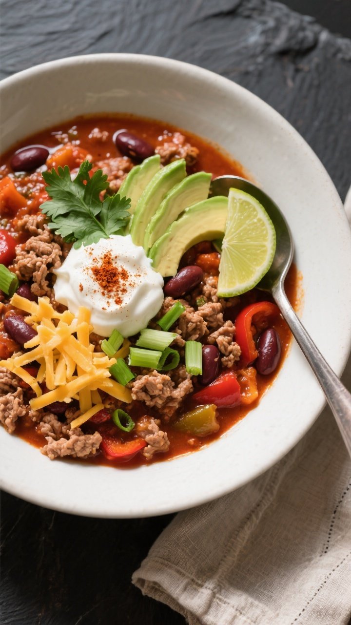 Final plated, tasty top view: Overhead shot of a bowl of Healthy Ground Turkey Chili, thick and hear