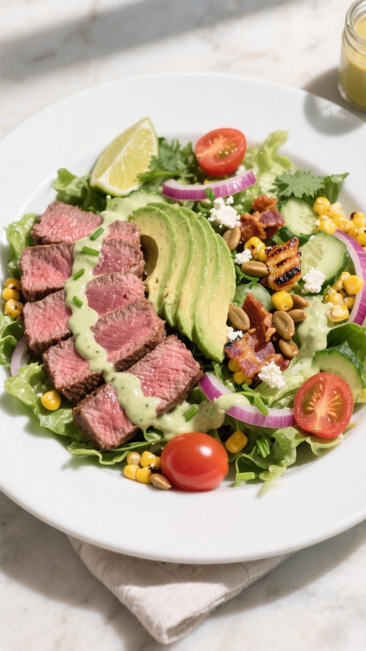 Final plated, tasty top view: Overhead shot of Million Dollar Avocado Ranch Steak Salad on a wide wh