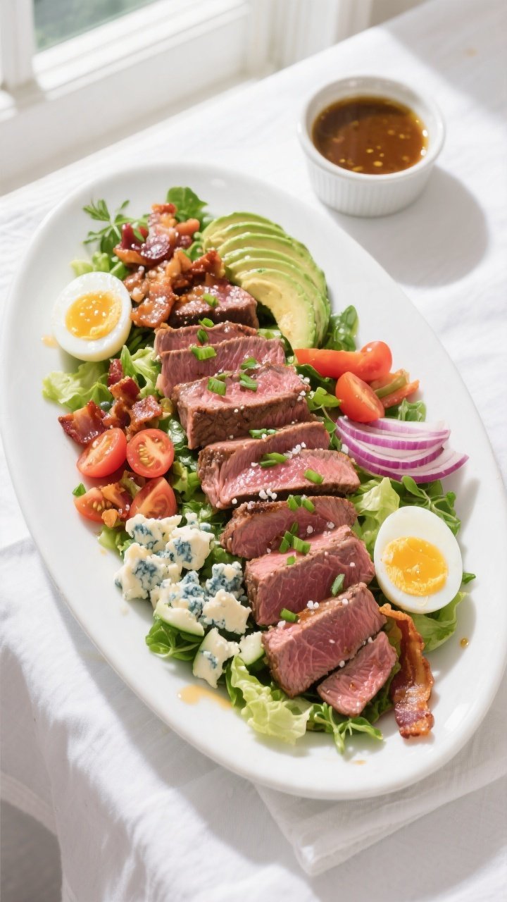 Final platter overhead: Million Dollar Steak Cobb Salad arranged in bold, restaurant-quality rows on