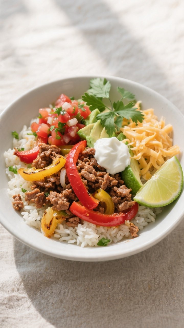 Overhead shot of a finished Ground Turkey Fajita Bowl: fluffy cilantro-lime rice as the base, topped
