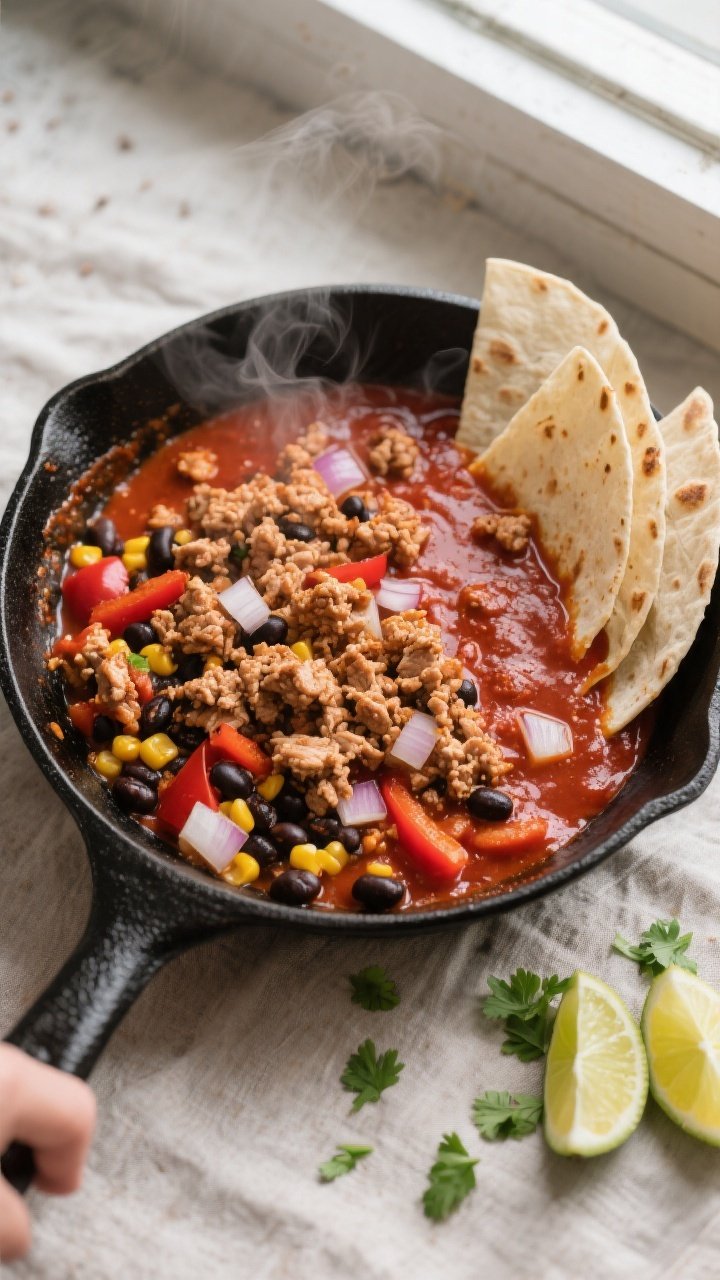 Overhead shot of a sizzling ground turkey enchilada skillet mid-cook: browned crumbled turkey coated