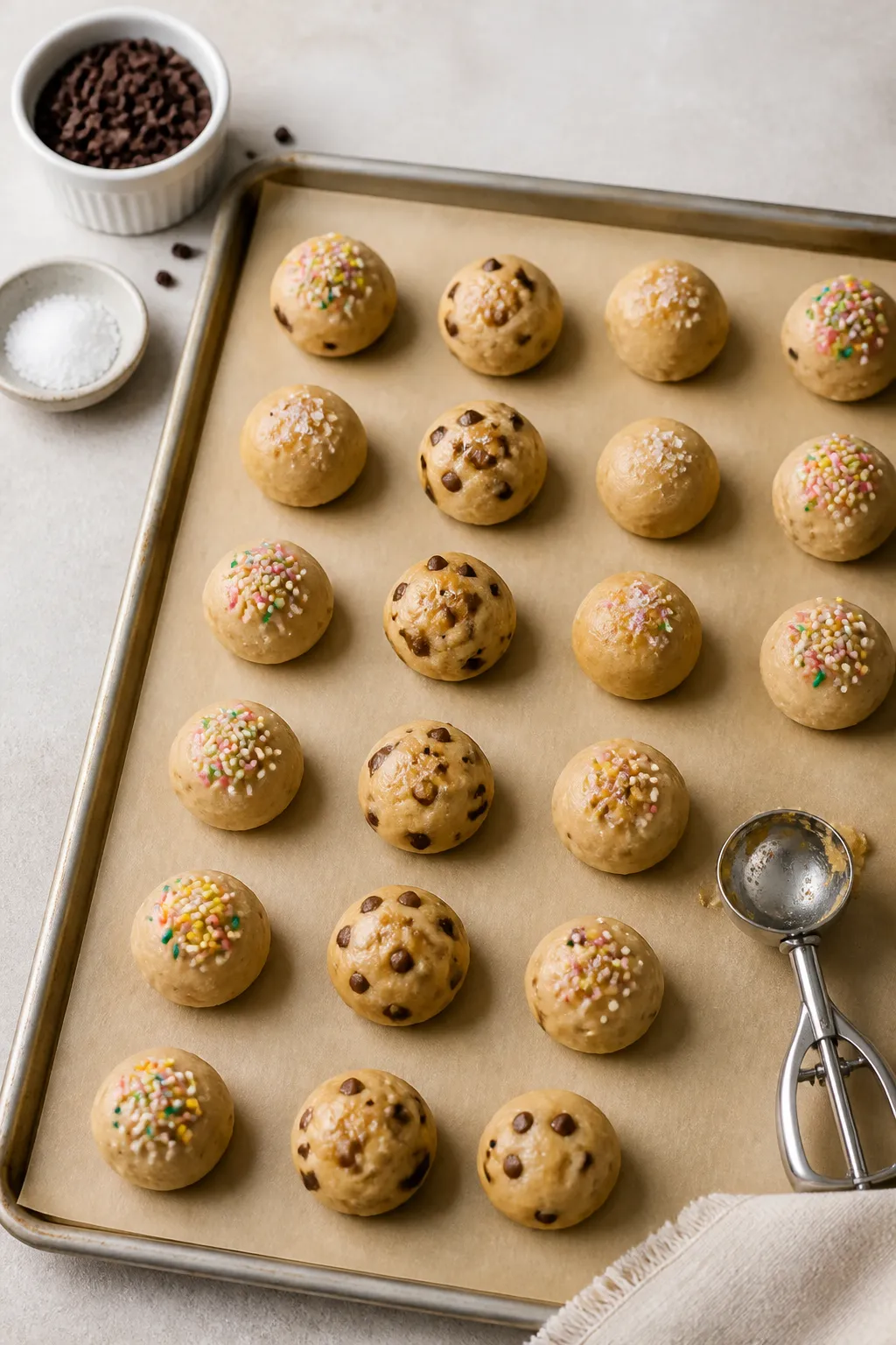 5 inch cookie dough bites arranged in neat rows on parchment, some with sugar-free sprinkles (Birthd