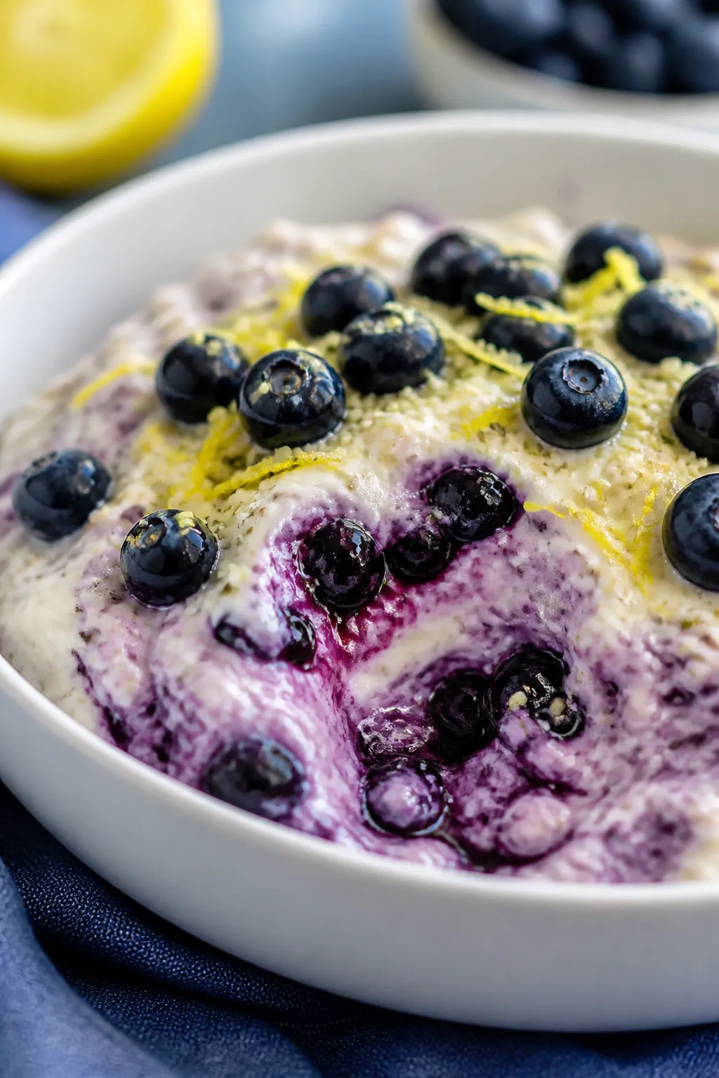 Close-up, 45-degree angle detail of the final plated low-carb blueberry lemon “cheesecake” varia