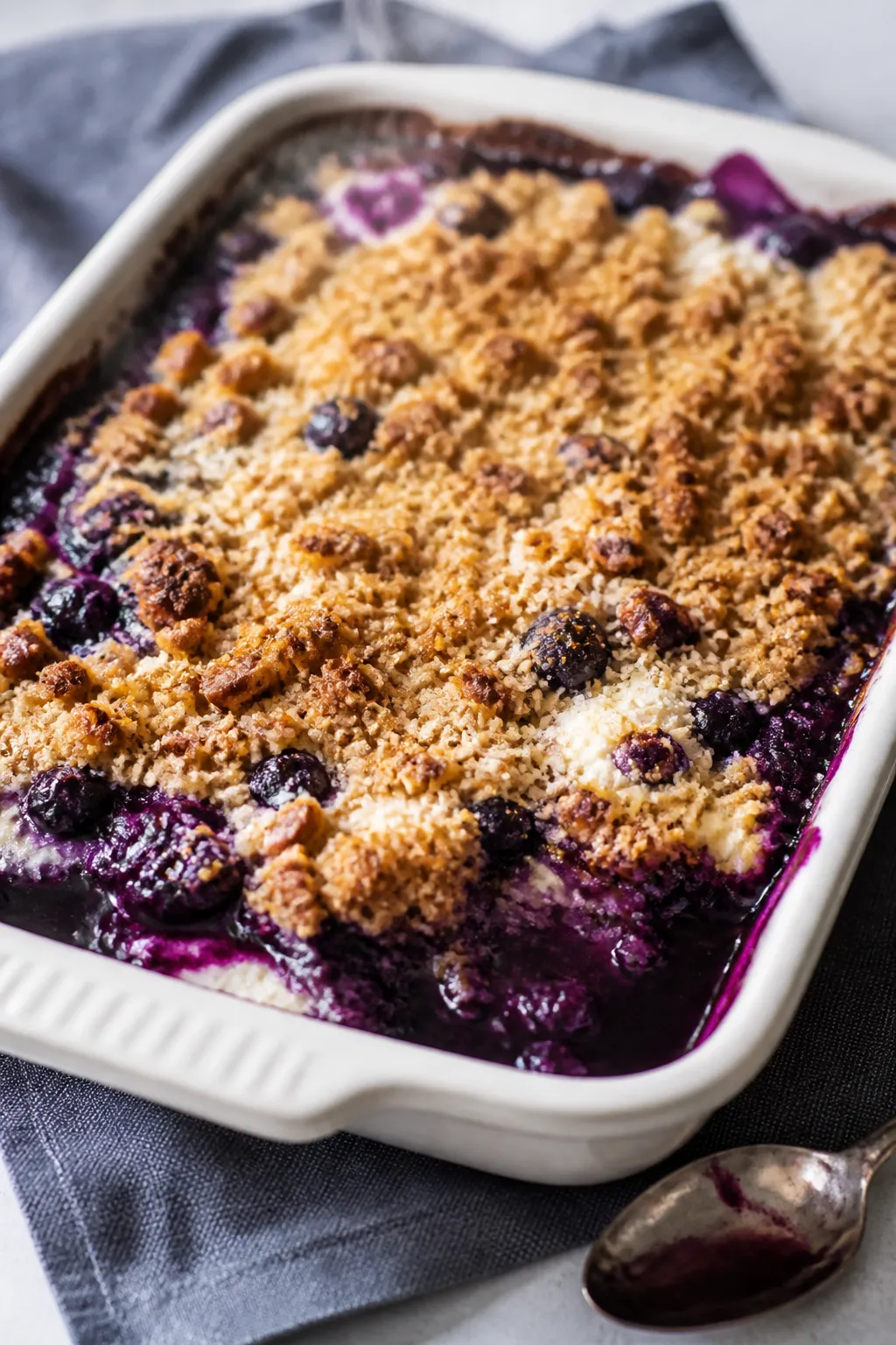Close-up detail: A bubbling, just-baked Low Carb Cottage Cheese Blueberry Crumble in an 8x8 ceramic 