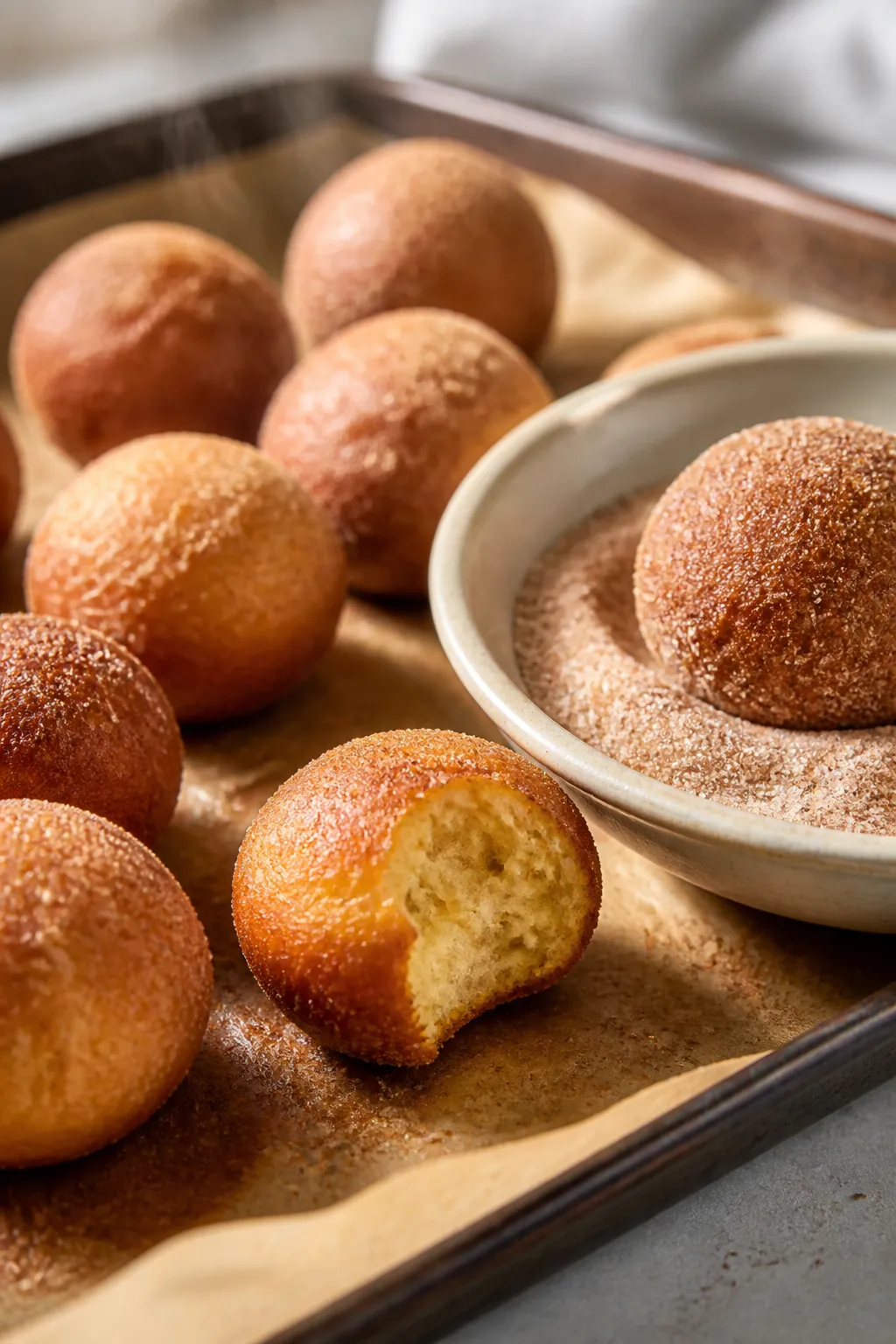 Close-up detail: A warm tray of freshly baked low-calorie protein donut holes just out of the oven,