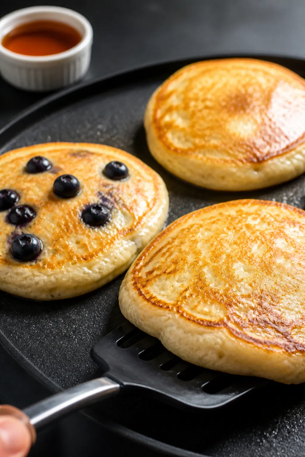 Close-up detail and cooking process: Cottage cheese pancakes on a nonstick griddle at medium heat, t