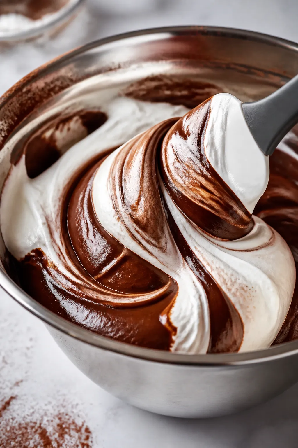 Close-up detail and process: A glossy chocolate mousse base being gently folded with soft-peak whipp