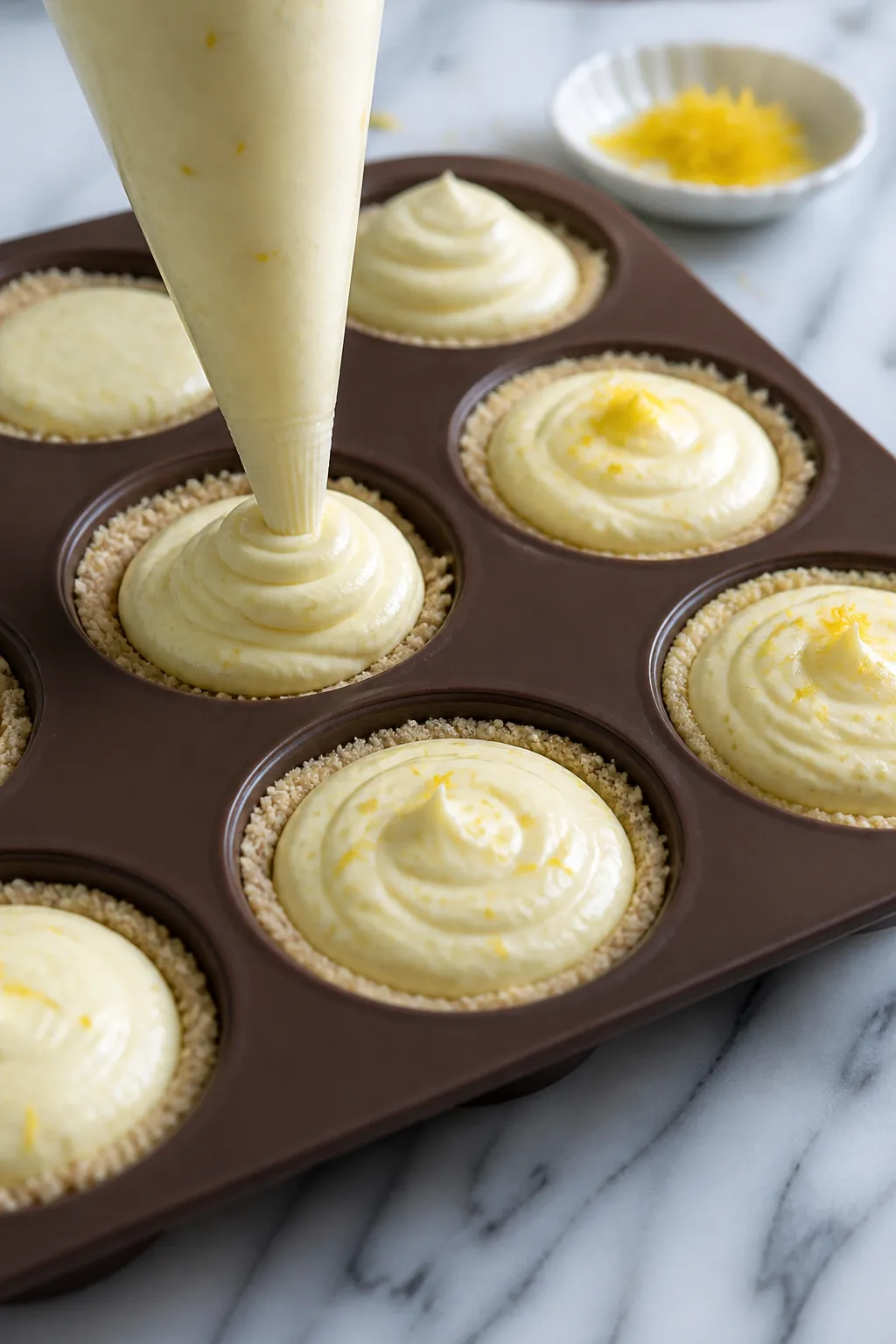 Close-up detail and process: A piping bag swirling a thick, creamy lemon mixture into a silicone min