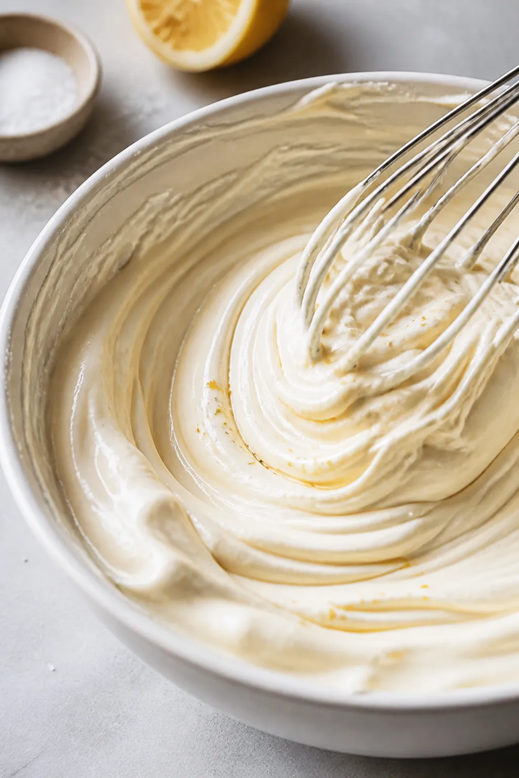 Close-up detail and process shot: A glossy swirl of the cheesecake base being whisked to silky smoot