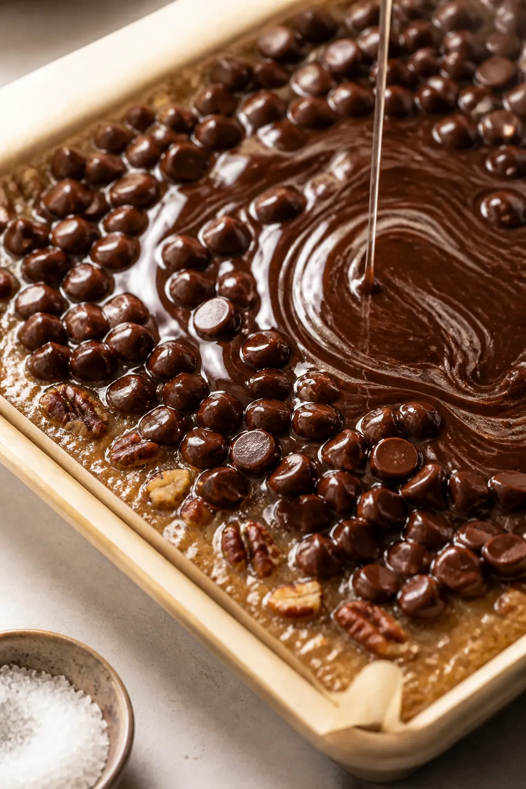 Close-up detail and process shot: Freshly baked low-carb chocolate toffee crunch bars in an 8x8 parc