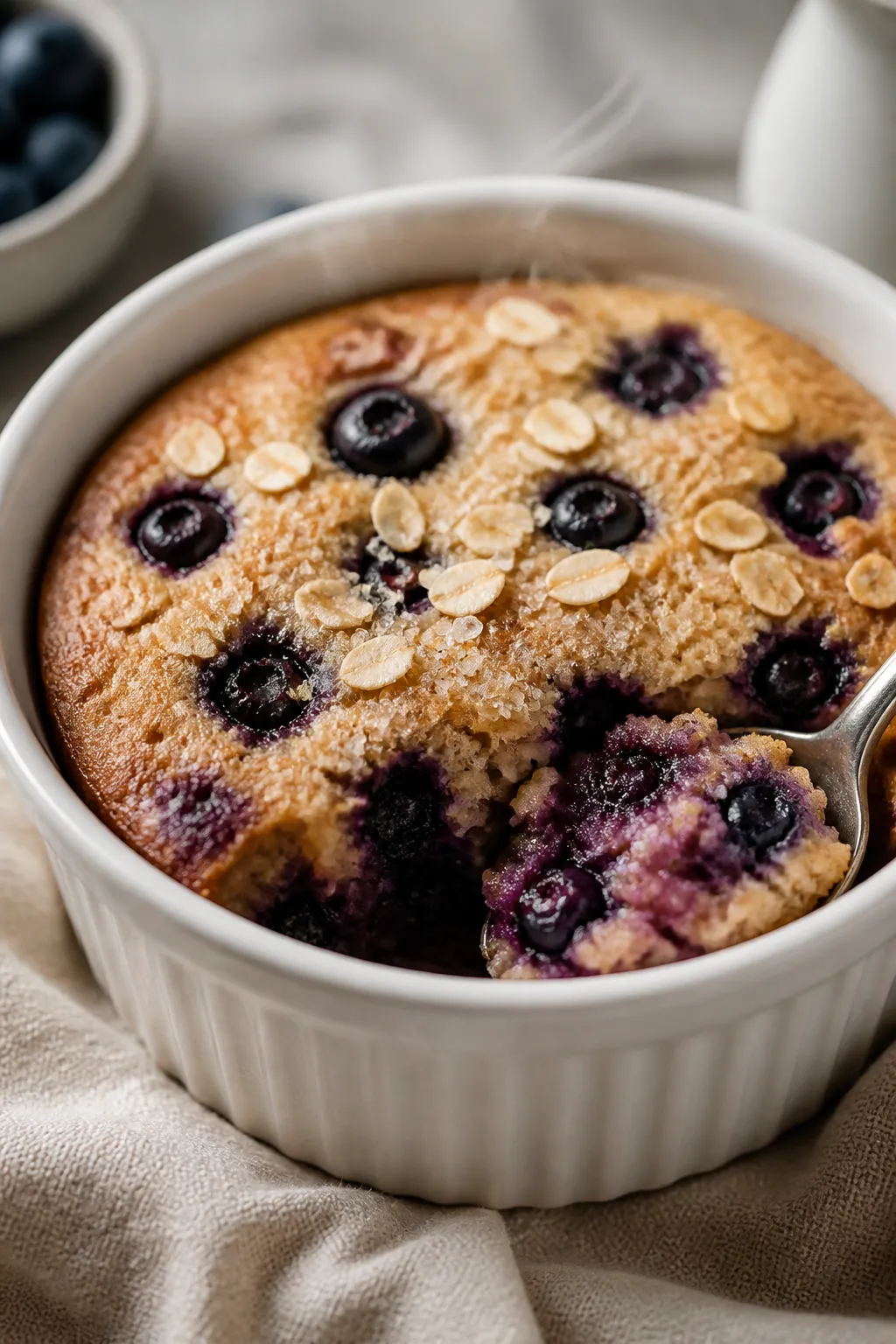 Close-up detail, cooking process: A 10–12 oz white ramekin filled with blended blueberry muffin ba