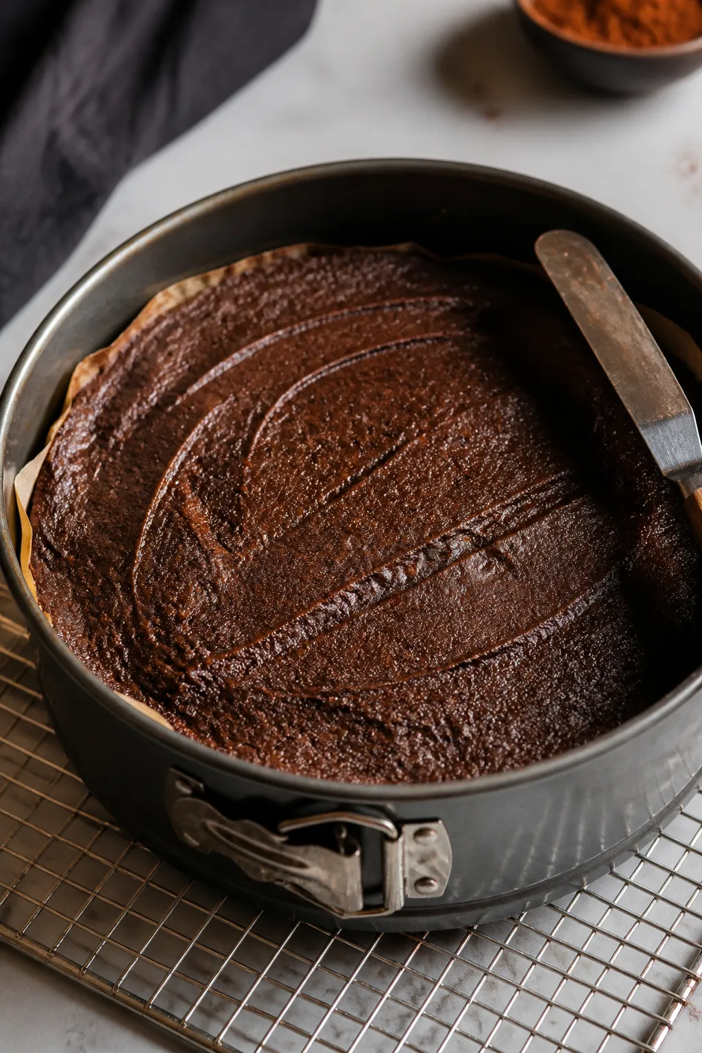 Close-up detail, cooking process: A 9-inch springform pan on a cooling rack just after the initial b