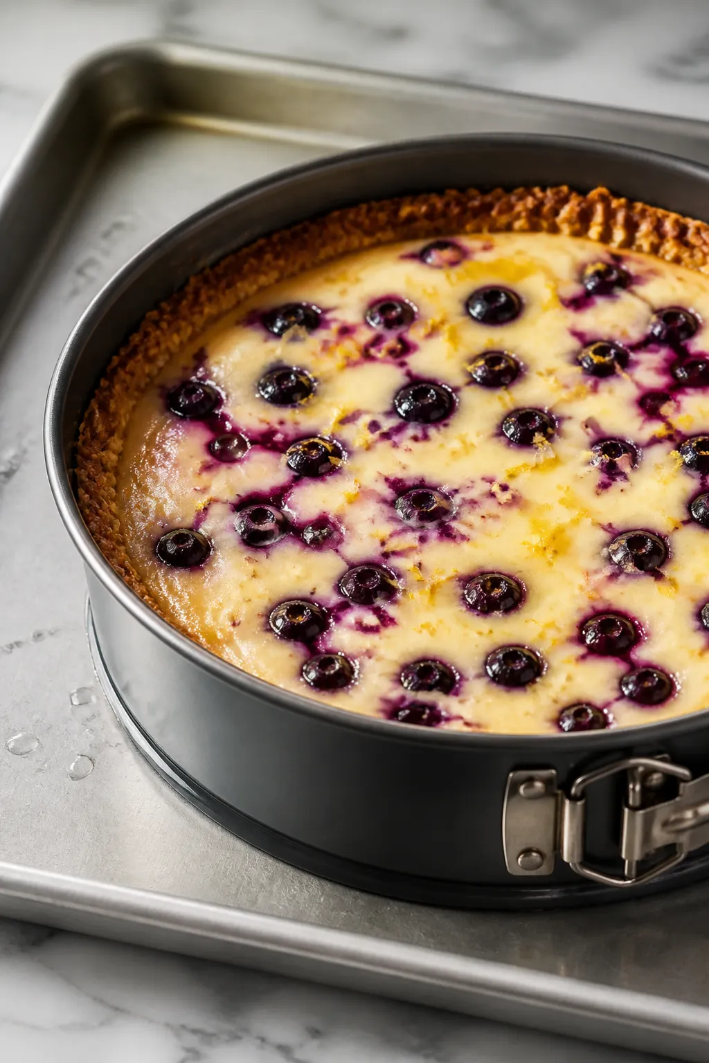 Close-up detail, cooking process: A freshly baked blueberry lemon protein cheesecake still in a 9-in