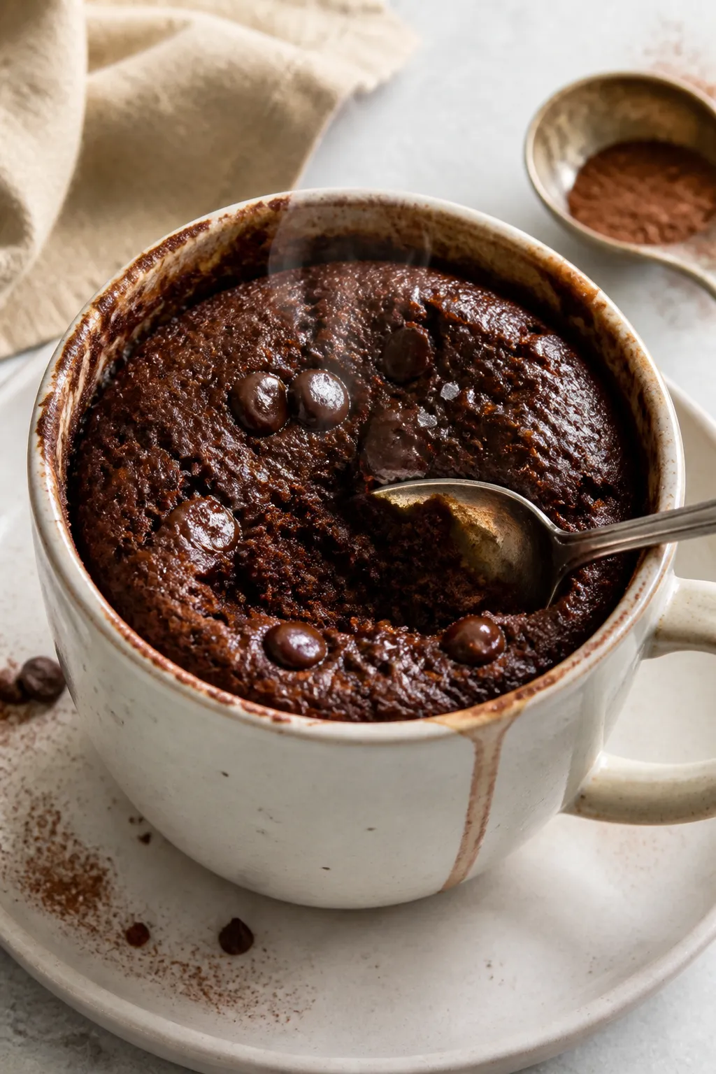 Close-up detail, cooking process: A freshly microwaved low-carb chocolate mug brownie still in a 12-