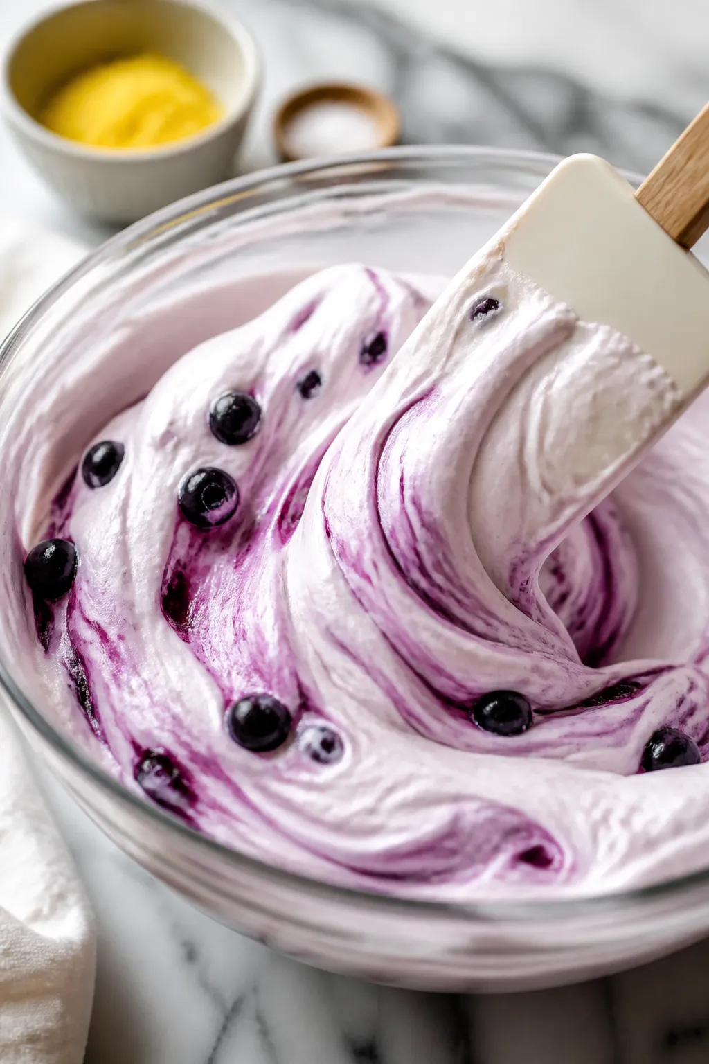 Close-up detail, cooking process: A glass mixing bowl with silky, fully combined cheesecake fluff mi