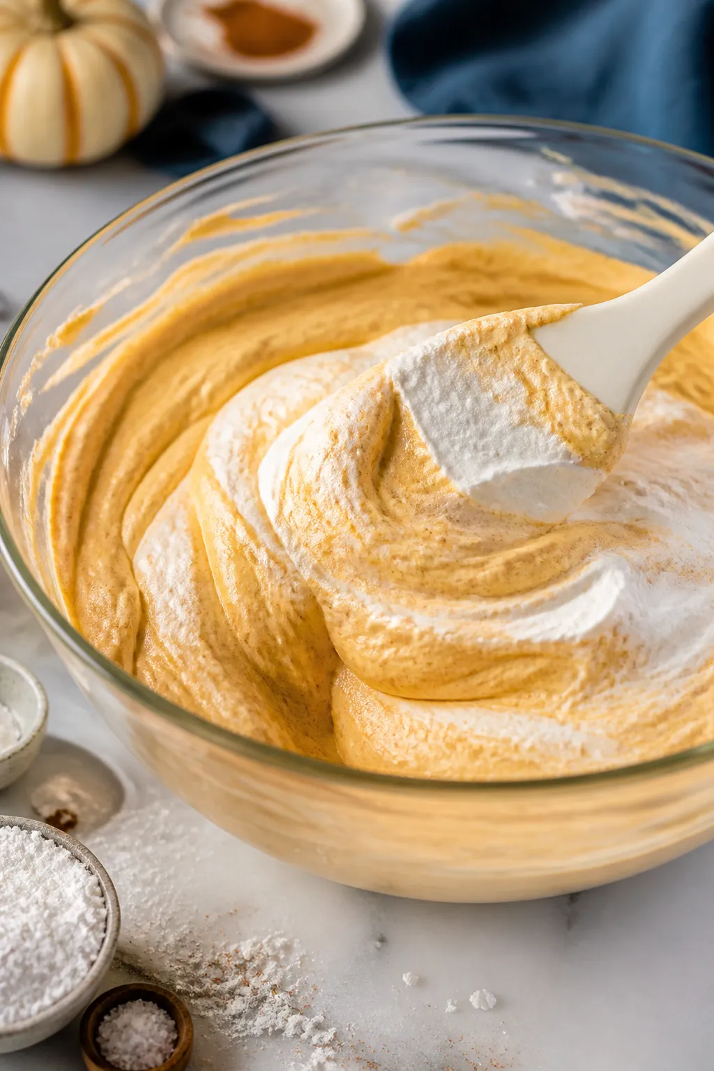 Close-up detail, cooking process: A glass mixing bowl filled with silky, fully combined pumpkin-rico