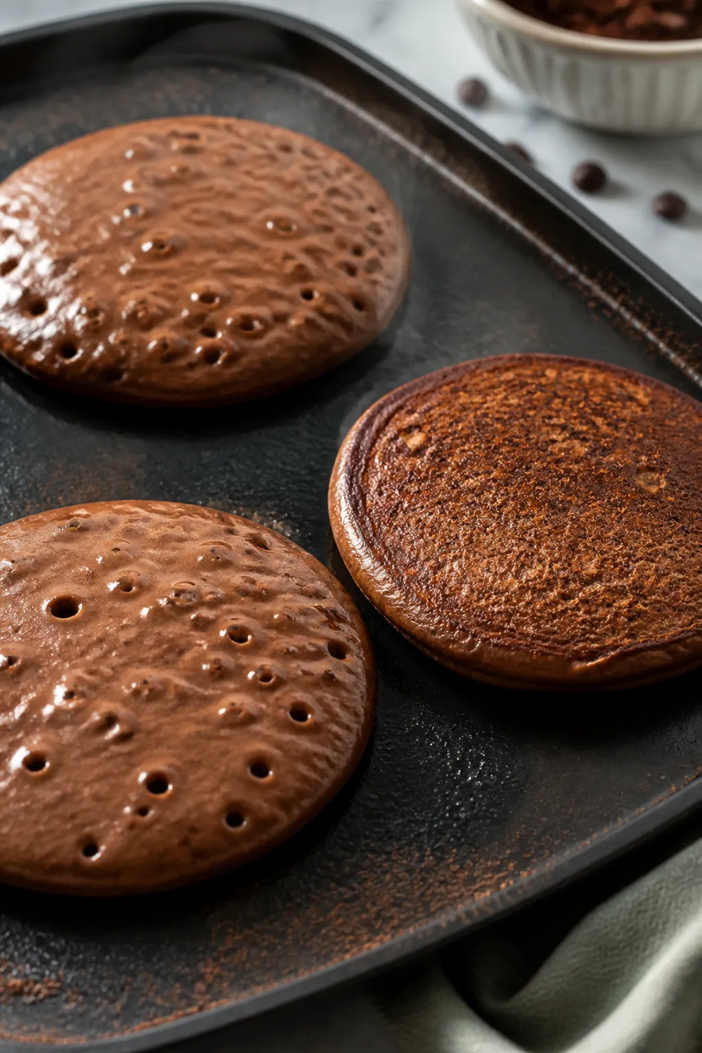 Close-up detail, cooking process: A nonstick griddle over medium heat with three chocolate protein p