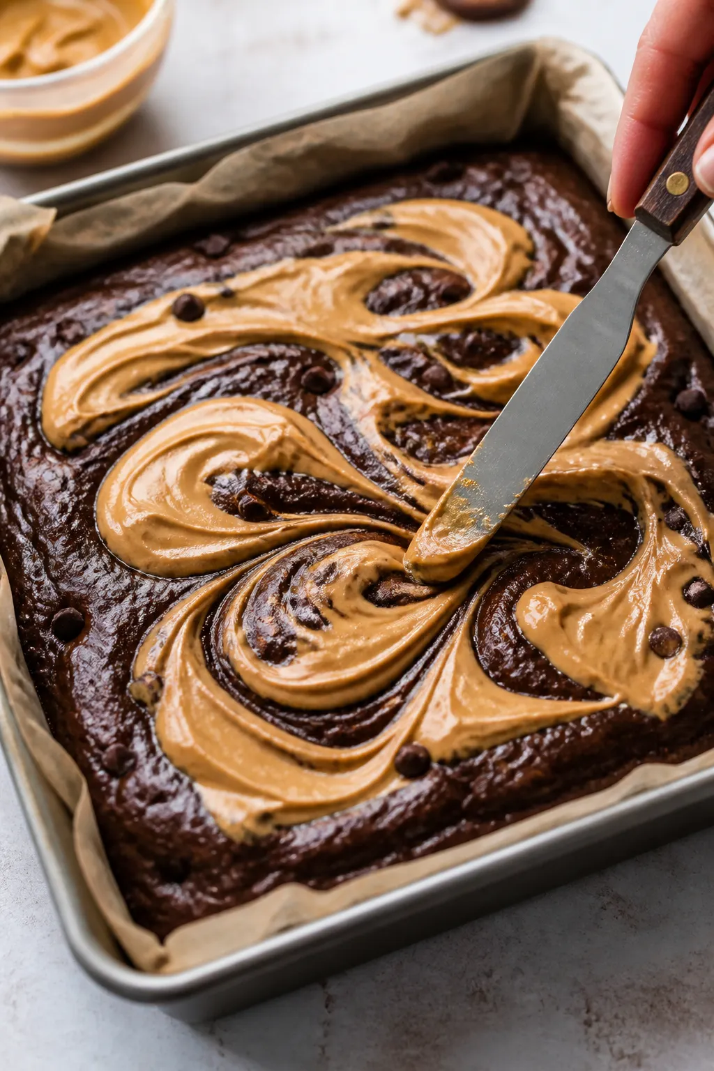 Close-up detail, cooking process: A parchment-lined 8x8 pan filled with thick, glossy low carb brown