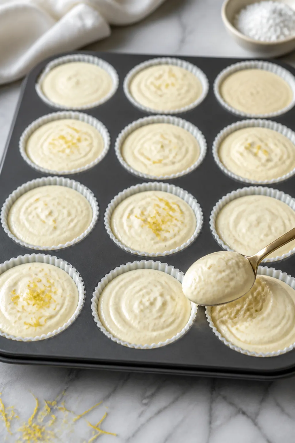 Close-up detail, cooking process: A silicone-lined muffin tin on a cool marble surface with 12 prepa