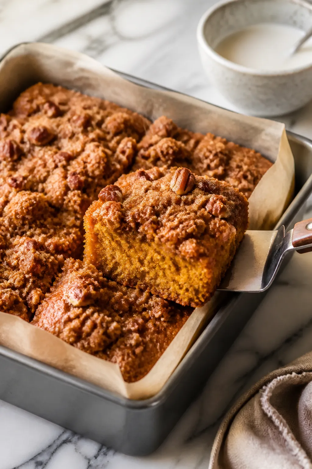 Close-up detail, cooking process: Crumb-topped low carb pumpkin coffee cake just pulled from the ove