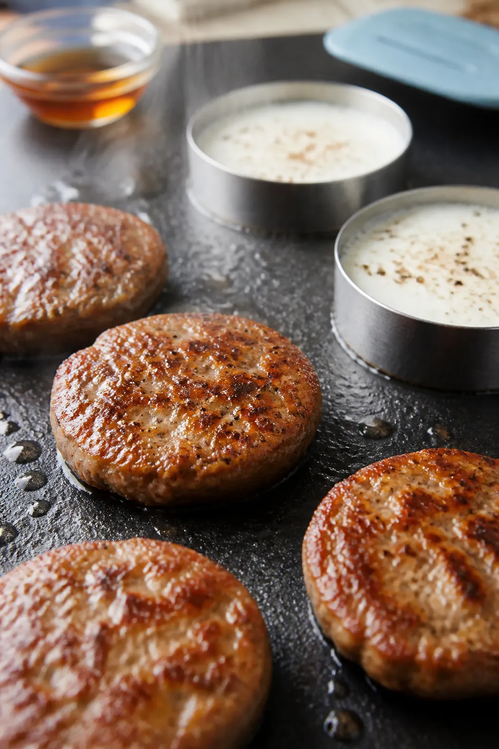 Close-up detail, cooking process: Golden-browned turkey sausage patties sizzling on a nonstick skill