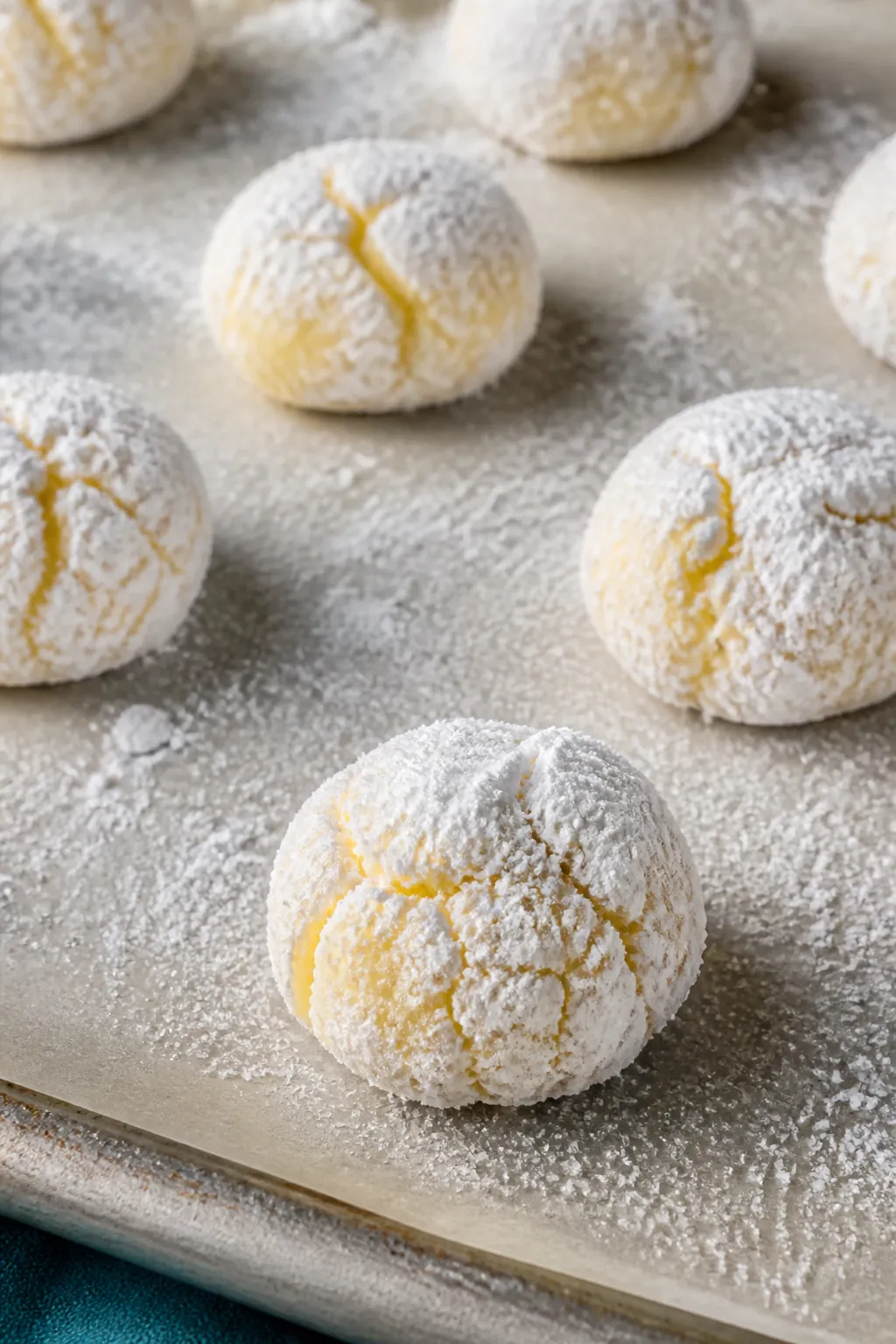 Close-up detail, cooking process: Keto lemon crinkle cookie dough balls fresh out of coating, arrang