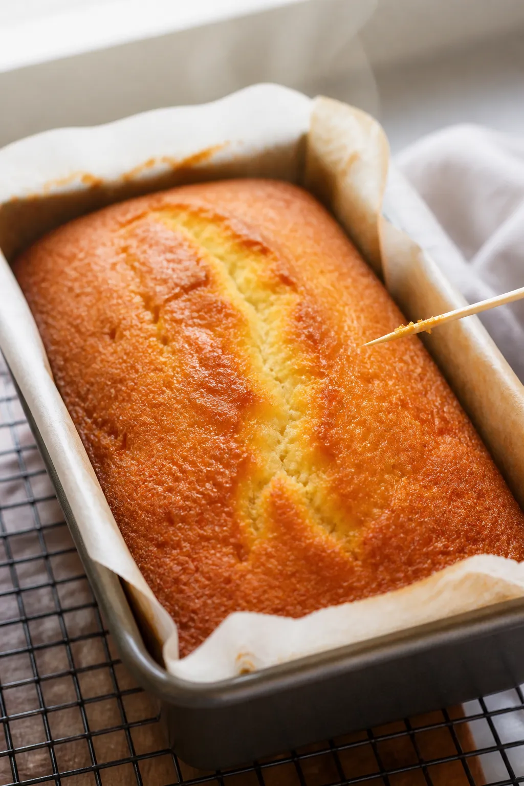 Close-up detail, cooking process: Keto lemon pound cake loaf just out of the oven in a parchment-lin
