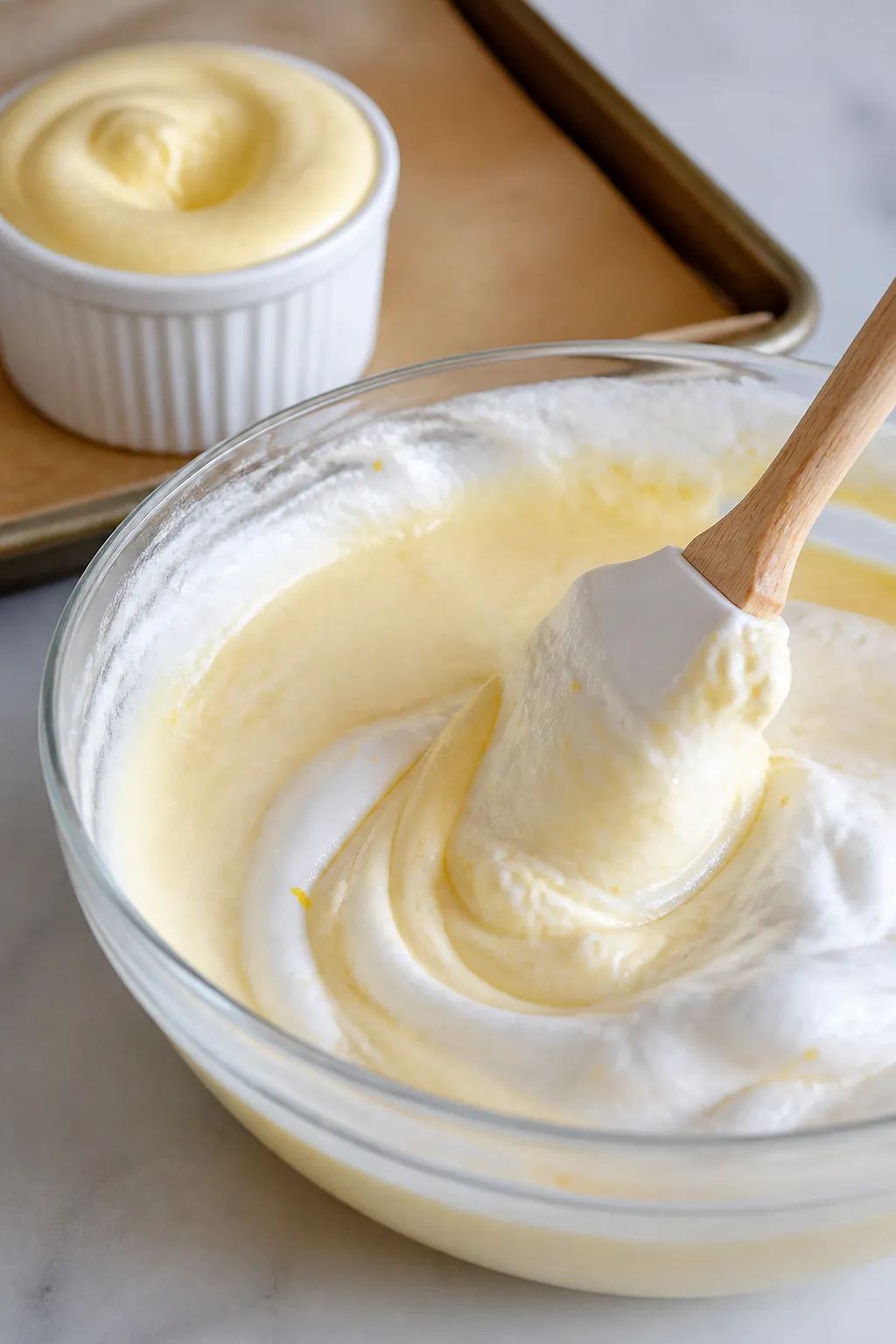 Close-up detail, cooking process: Keto lemon soufflé batter being gently folded with whipped egg wh