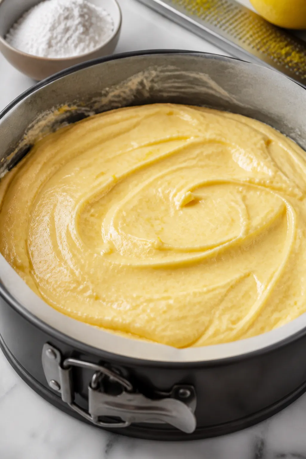 Close-up detail, cooking process: Low Carb Lemon Ricotta Cake batter being smoothed in a 9-inch spri